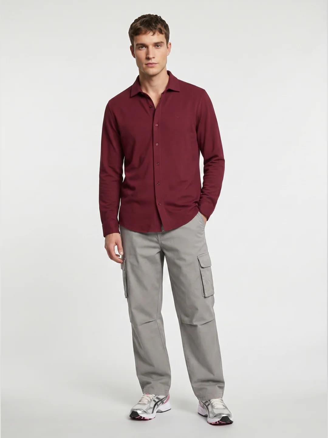 Men's Red Casual Textured Popcorn Shirt