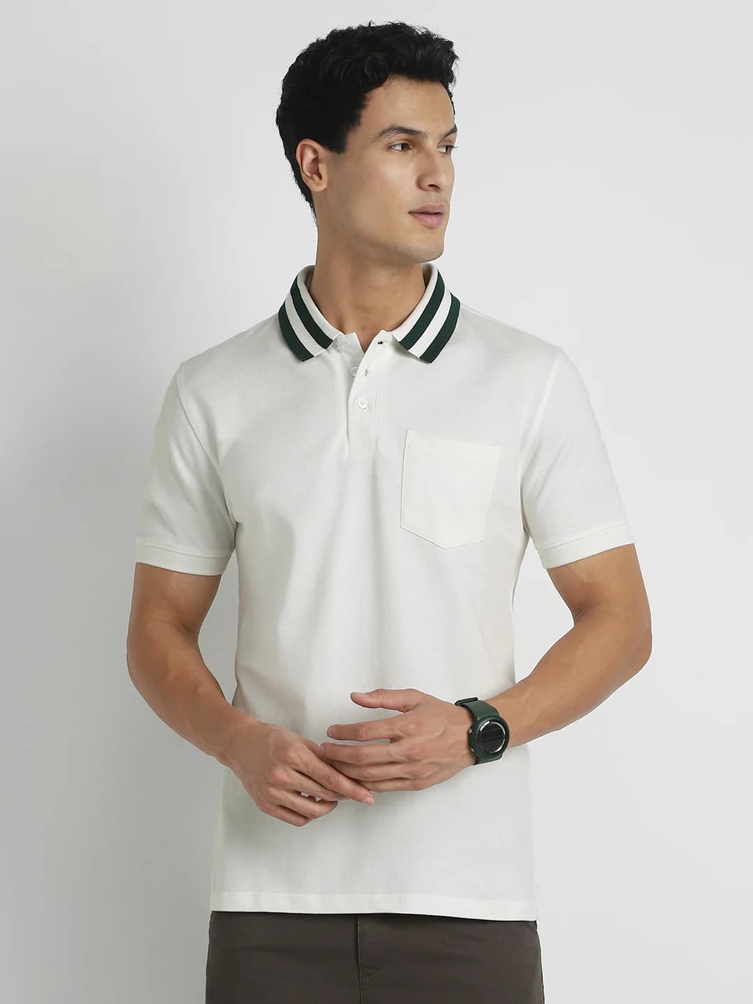 Men's White Casual Striped Collar Polo Tshirt