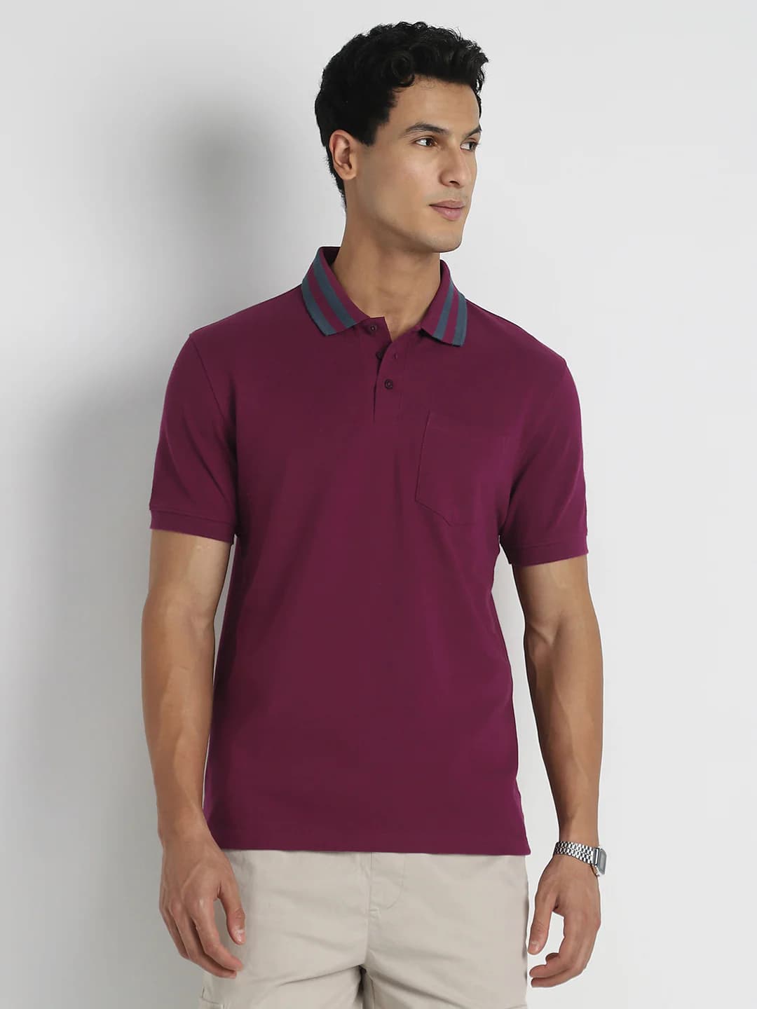 Men's Red Casual Striped Collar Polo Tshirt