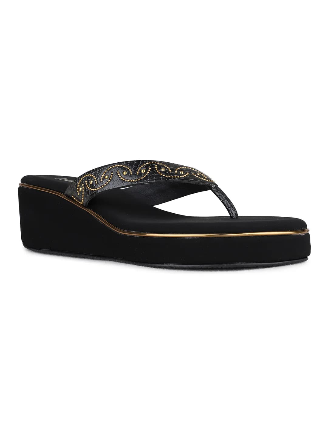 Women's Black Ethnic Embellished Round Toe Wedge Heels