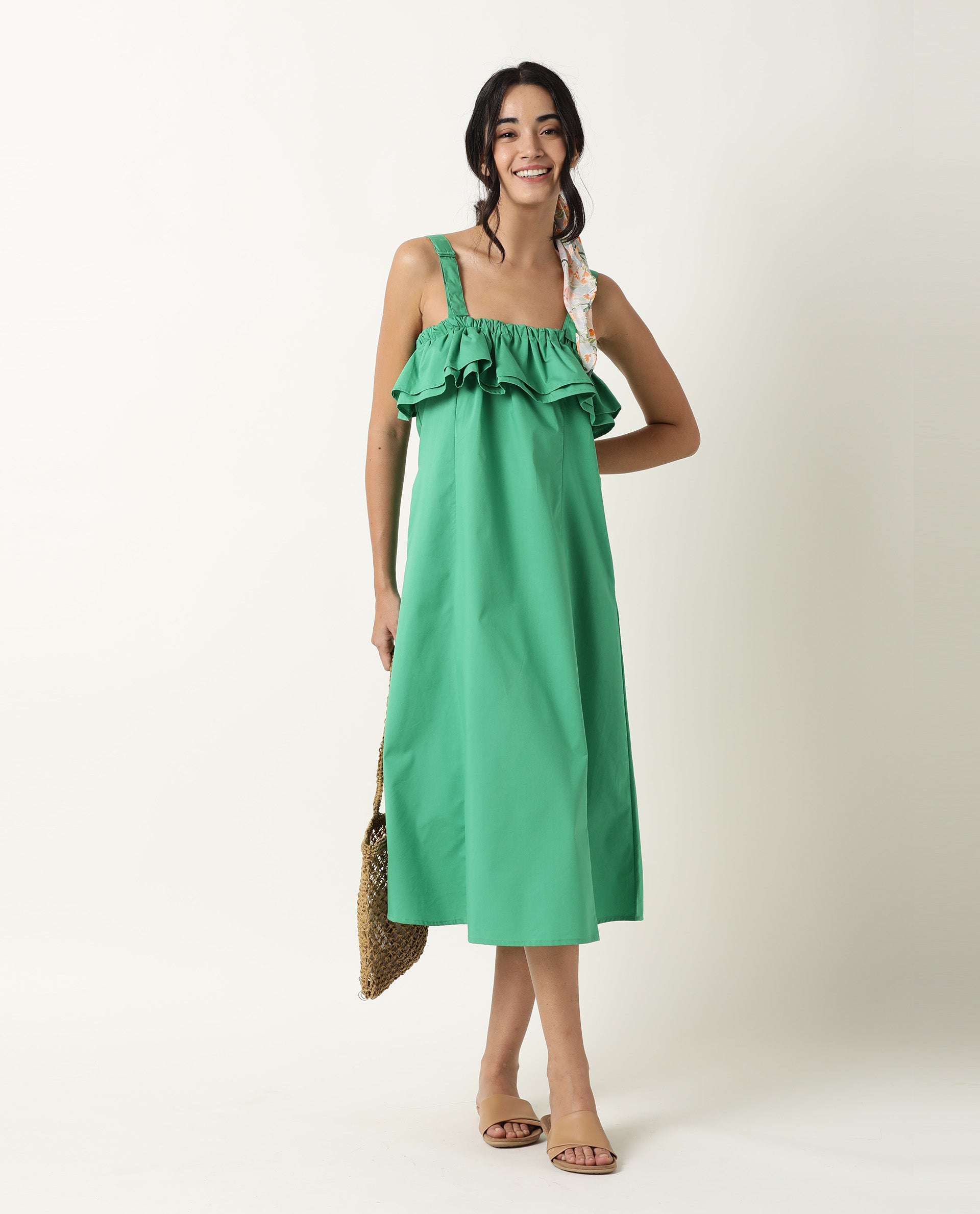 Women Shallow Green Broad Shoulder Straps Ruffled Square Neck With Pockets Midi Dress